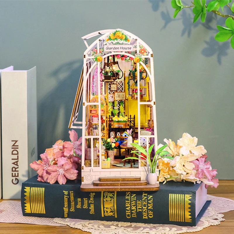 DIY Garden House Wooden Doll House Book Nook Shelf Insert 3D Puzzle Assembly Building Flower Model Room Bookshelf Dollhouse Gift