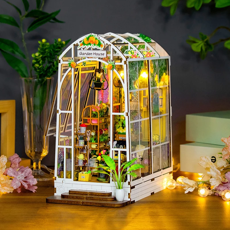 DIY Garden House Wooden Doll House Book Nook Shelf Insert 3D Puzzle Assembly Building Flower Model Room Bookshelf Dollhouse Gift