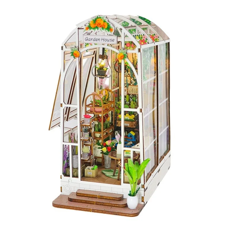 DIY Garden House Wooden Doll House Book Nook Shelf Insert 3D Puzzle Assembly Building Flower Model Room Bookshelf Dollhouse Gift