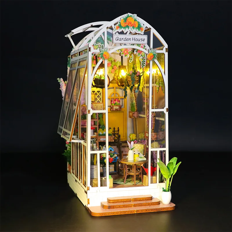 DIY Garden House Wooden Doll House Book Nook Shelf Insert 3D Puzzle Assembly Building Flower Model Room Bookshelf Dollhouse Gift