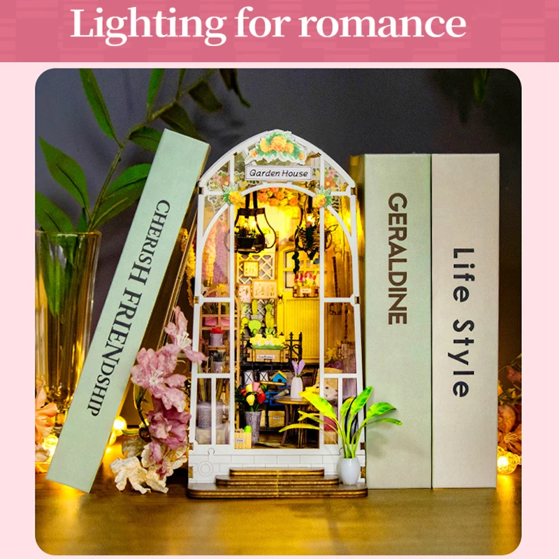 DIY Garden House Wooden Doll House Book Nook Shelf Insert 3D Puzzle Assembly Building Flower Model Room Bookshelf Dollhouse Gift
