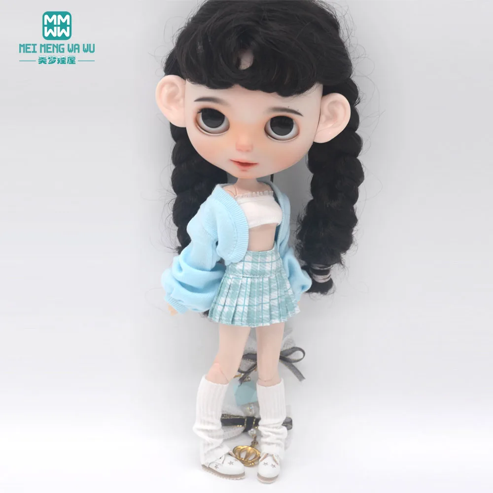 Blyth Clothing Azone OB22 OB24 Doll Accessories Fashion Bubble Sleeve Sweater Plaid Skirt Stockings Wrap Toy Gifts