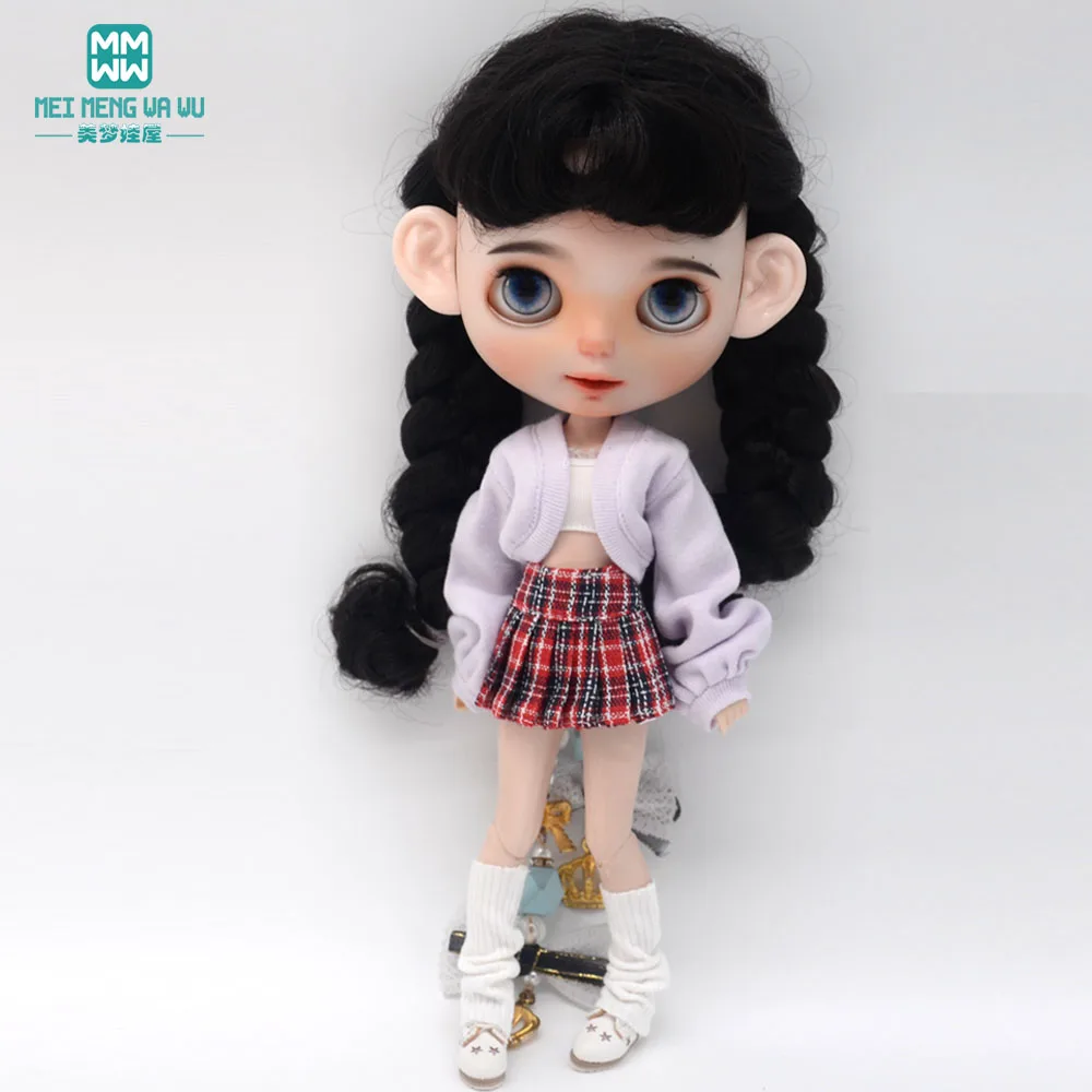 Blyth Clothing Azone OB22 OB24 Doll Accessories Fashion Bubble Sleeve Sweater Plaid Skirt Stockings Wrap Toy Gifts
