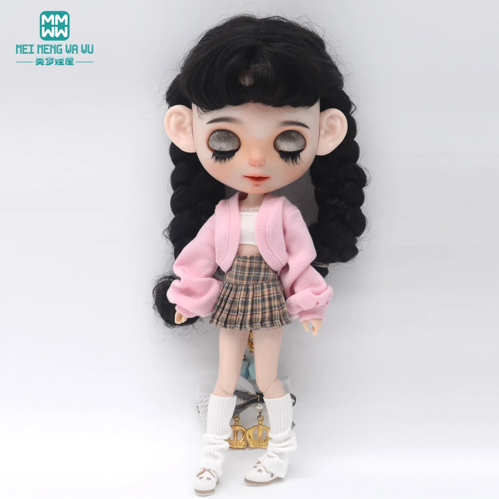 Blyth Clothing Azone OB22 OB24 Doll Accessories Fashion Bubble Sleeve Sweater Plaid Skirt Stockings Wrap Toy Gifts