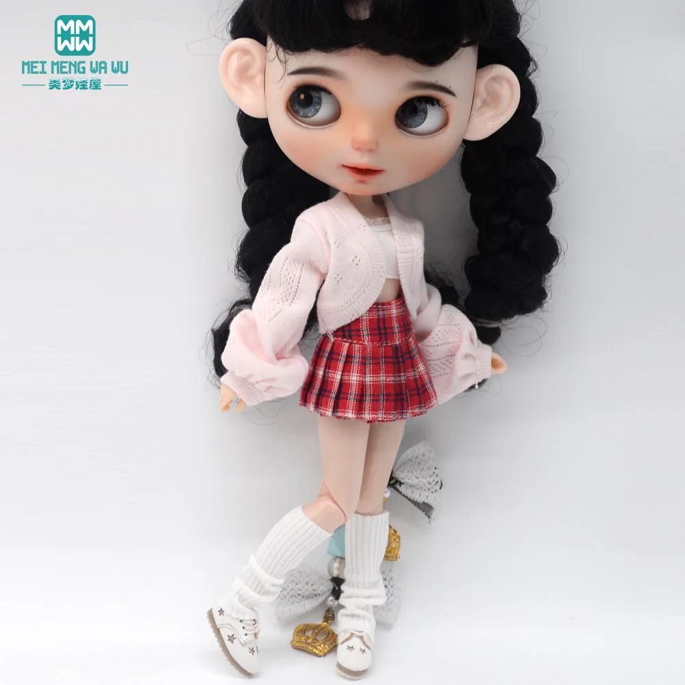 Blyth Clothing Azone OB22 OB24 Doll Accessories Fashion Bubble Sleeve Sweater Plaid Skirt Stockings Wrap Toy Gifts