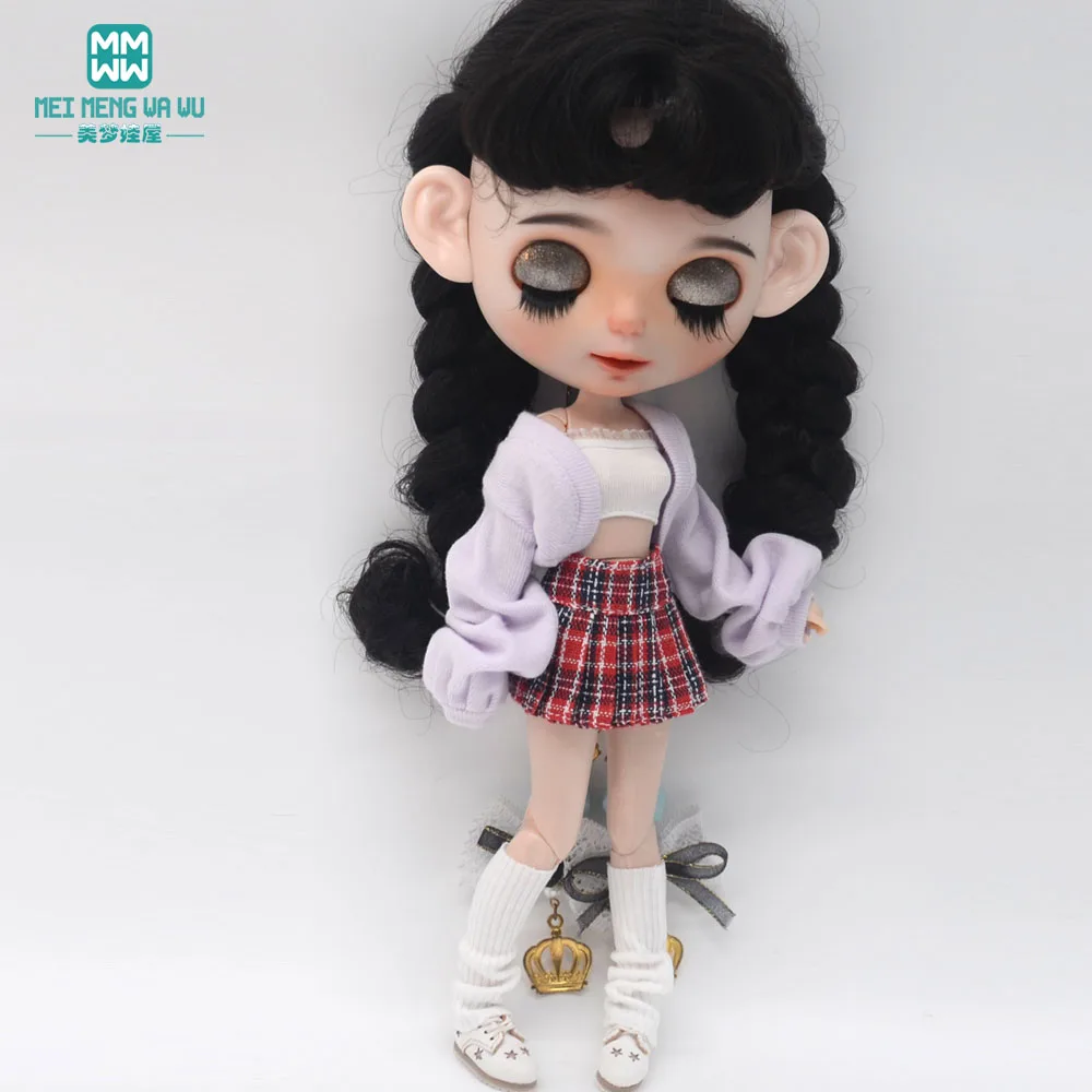 Blyth Clothing Azone OB22 OB24 Doll Accessories Fashion Bubble Sleeve Sweater Plaid Skirt Stockings Wrap Toy Gifts