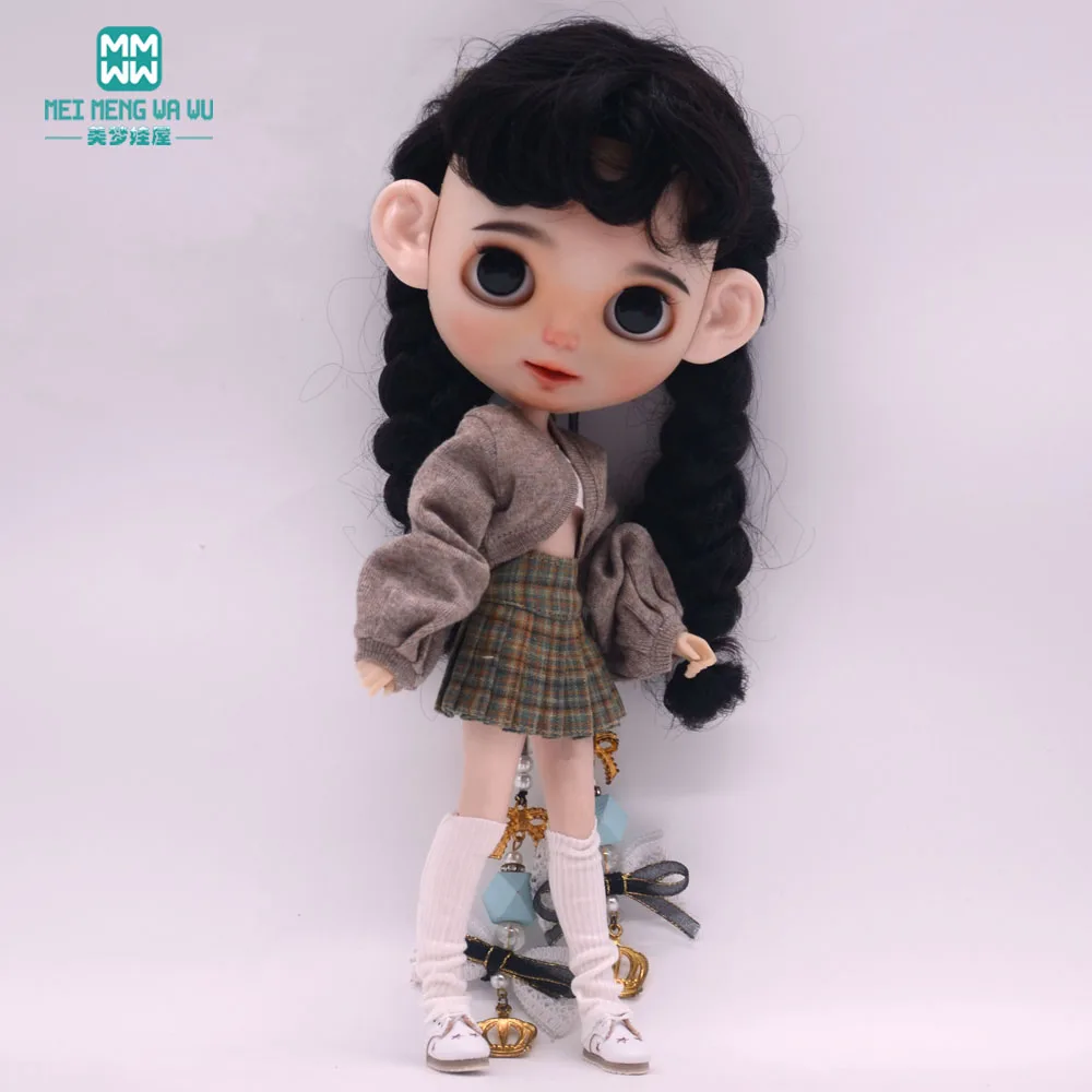 Blyth Clothing Azone OB22 OB24 Doll Accessories Fashion Bubble Sleeve Sweater Plaid Skirt Stockings Wrap Toy Gifts