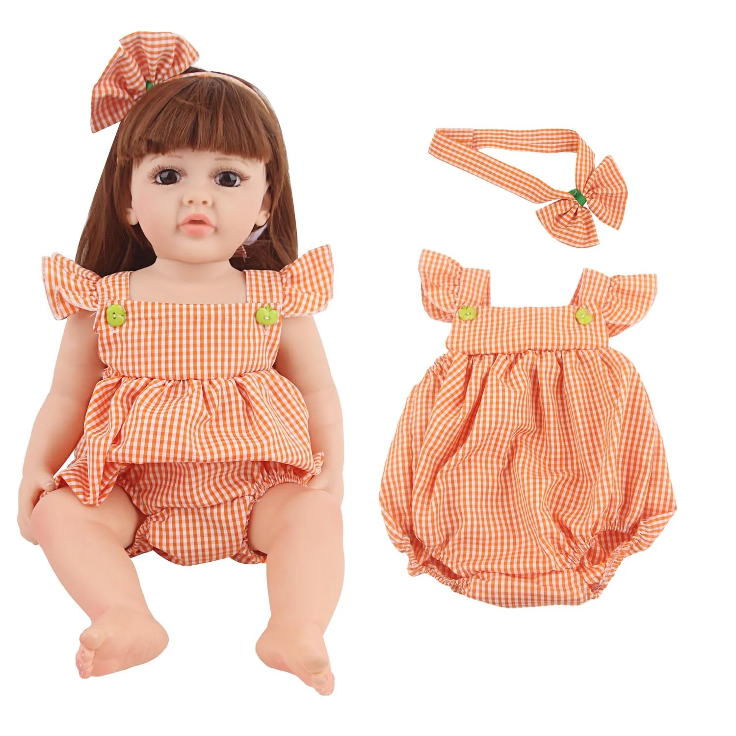 22 Inches Baby Doll Dress Yellow Plaid Skirt+Hairband Outfit Clothes Suit For 55cm Reborn Girl Doll Accessories Toy