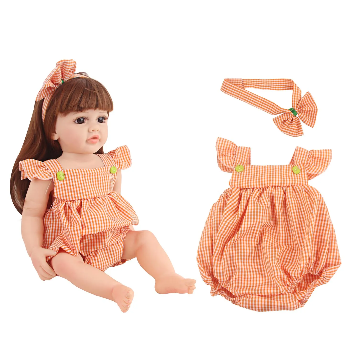 22 Inches Baby Doll Dress Yellow Plaid Skirt+Hairband Outfit Clothes Suit For 55cm Reborn Girl Doll Accessories Toy