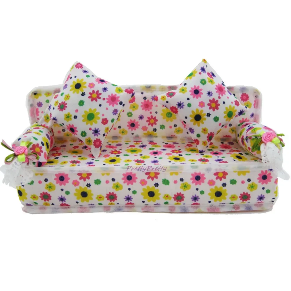1 Set Mini Doll Sofa Plush Stuffed Furniture Flower Print Toy with 2 Cushions for 11.5 inch Doll Accessories Couch Doll Toys
