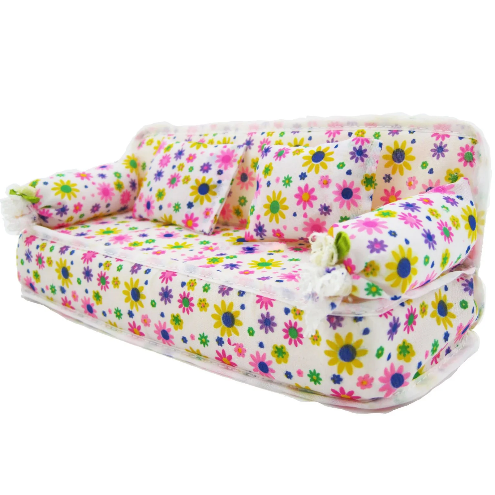 1 Set Mini Doll Sofa Plush Stuffed Furniture Flower Print Toy with 2 Cushions for 11.5 inch Doll Accessories Couch Doll Toys