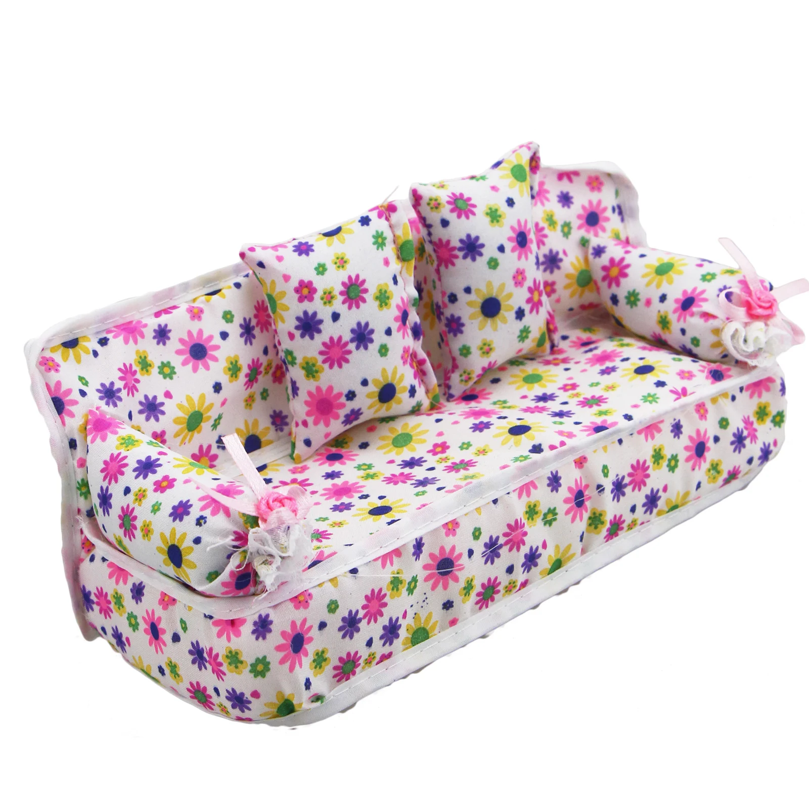 1 Set Mini Doll Sofa Plush Stuffed Furniture Flower Print Toy with 2 Cushions for 11.5 inch Doll Accessories Couch Doll Toys