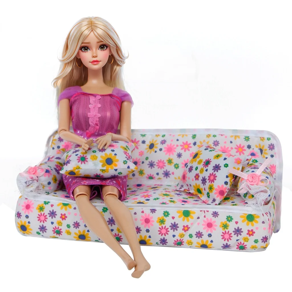 1 Set Mini Doll Sofa Plush Stuffed Furniture Flower Print Toy with 2 Cushions for 11.5 inch Doll Accessories Couch Doll Toys