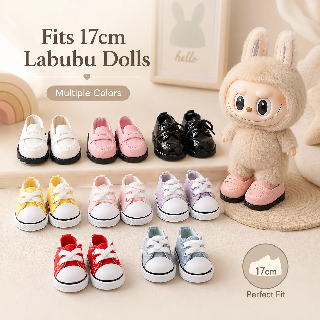 Cute Min Shoes for 17cm Labubu Doll Multi Color Mini Sneakers Loafers Dress Shoes Cute Replacement Footwear Accessories for Doll