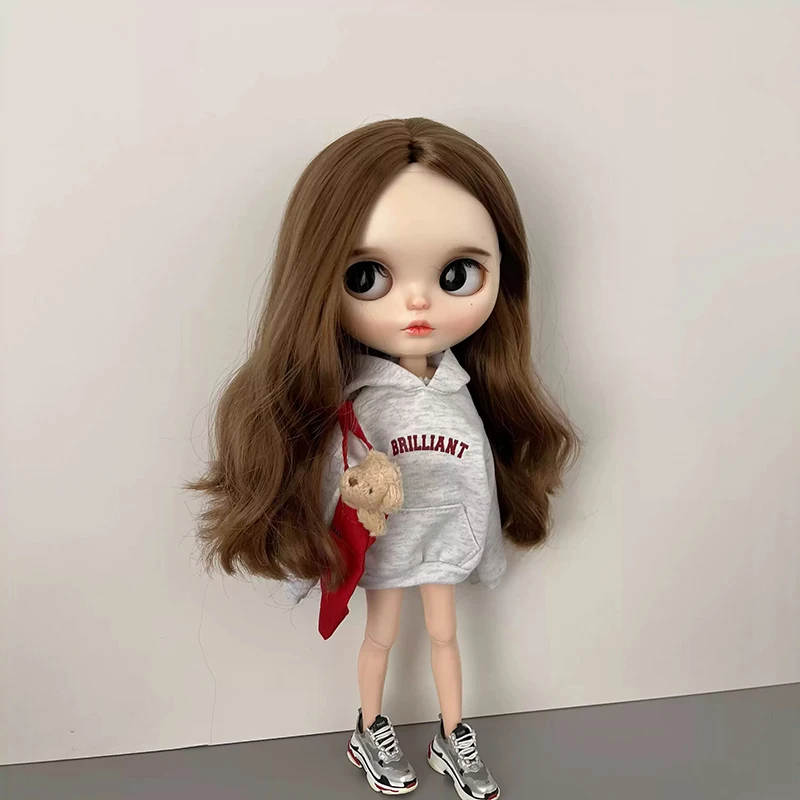 DLBell Blyth Clothes Trendy Grey Hoodie Letter Print Streetwear Casual Pullover Sweatshirt for Blyth OB24 Azone Pullip 1/6 Dolls