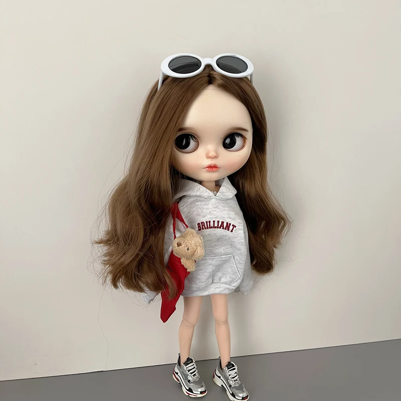 DLBell Blyth Clothes Trendy Grey Hoodie Letter Print Streetwear Casual Pullover Sweatshirt for Blyth OB24 Azone Pullip 1/6 Dolls