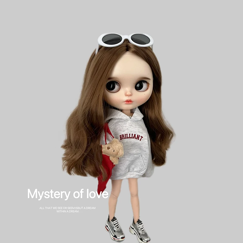 DLBell Blyth Clothes Trendy Grey Hoodie Letter Print Streetwear Casual Pullover Sweatshirt for Blyth OB24 Azone Pullip 1/6 Dolls