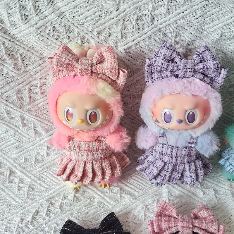 15/17cm LABUBU Doll Tweed Outfit With Headband Set For Gen1 2 3 Labubu Clothing Accessories Sitting Party