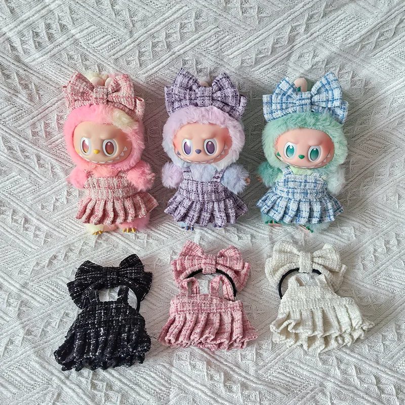 15/17cm LABUBU Doll Tweed Outfit With Headband Set For Gen1 2 3 Labubu Clothing Accessories Sitting Party