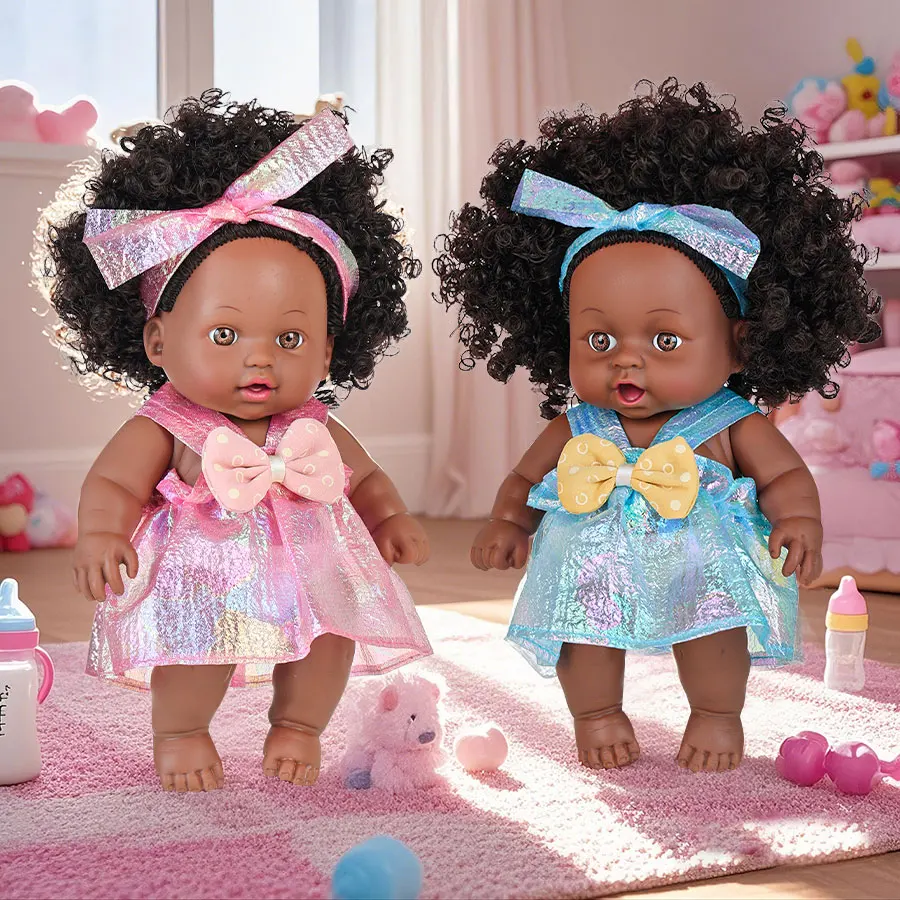 8inch 20cm American African Black Doll with Clothes Full Vinyl Body Curly Hair Doll Realistic Black Baby Doll Girl Birthday Gift