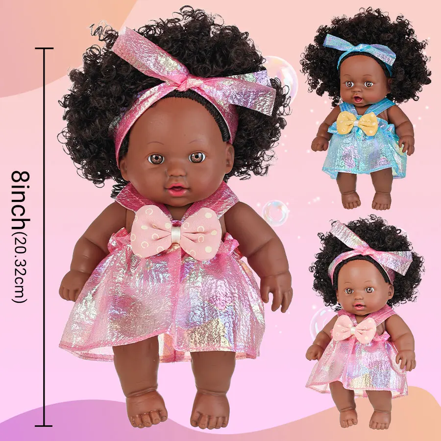 8inch 20cm American African Black Doll with Clothes Full Vinyl Body Curly Hair Doll Realistic Black Baby Doll Girl Birthday Gift