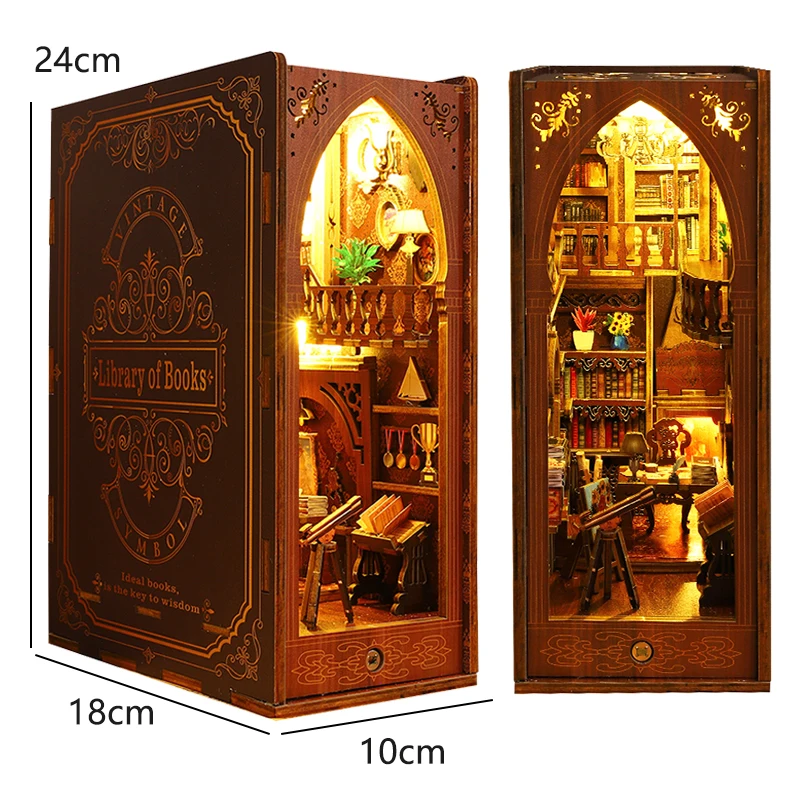 Book Nook Kit DIY Miniature House Wooden Book Shelf Insert Model Dollhouses With Light 3D Puzzle Building Toys Xmas Gifts