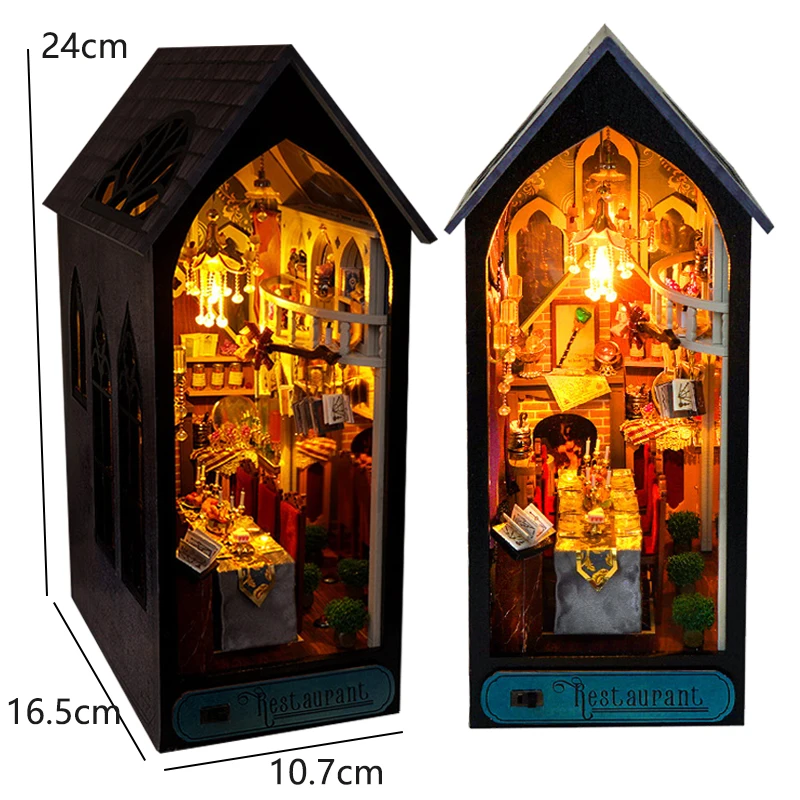 Book Nook Kit DIY Miniature House Wooden Book Shelf Insert Model Dollhouses With Light 3D Puzzle Building Toys Xmas Gifts