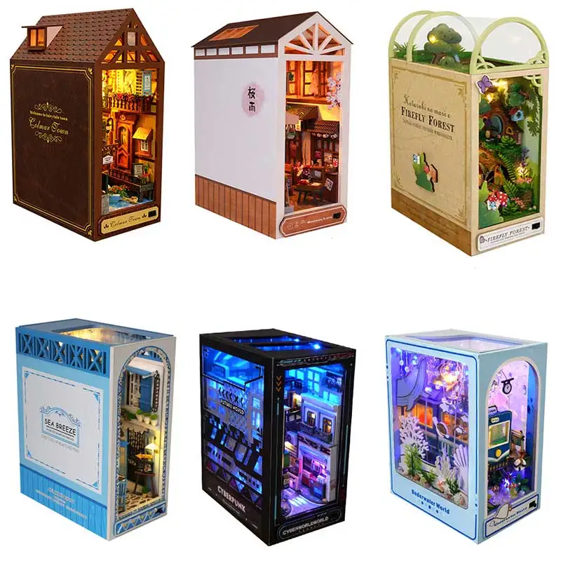 Book Nook Kit DIY Miniature House Wooden Book Shelf Insert Model Dollhouses With Light 3D Puzzle Building Toys Xmas Gifts