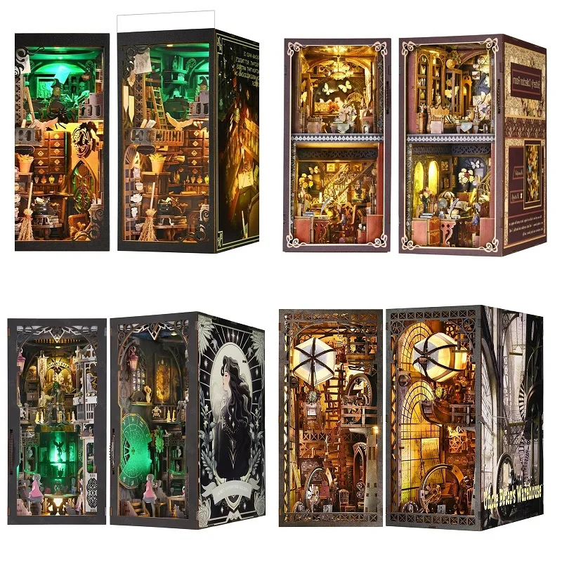 Book Nook Kit DIY Miniature House Wooden Book Shelf Insert Model Dollhouses With Light 3D Puzzle Building Toys Xmas Gifts