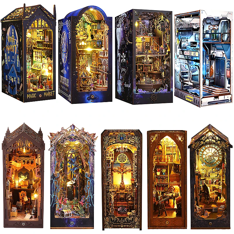 Book Nook Kit DIY Miniature House Wooden Book Shelf Insert Model Dollhouses With Light 3D Puzzle Building Toys Xmas Gifts