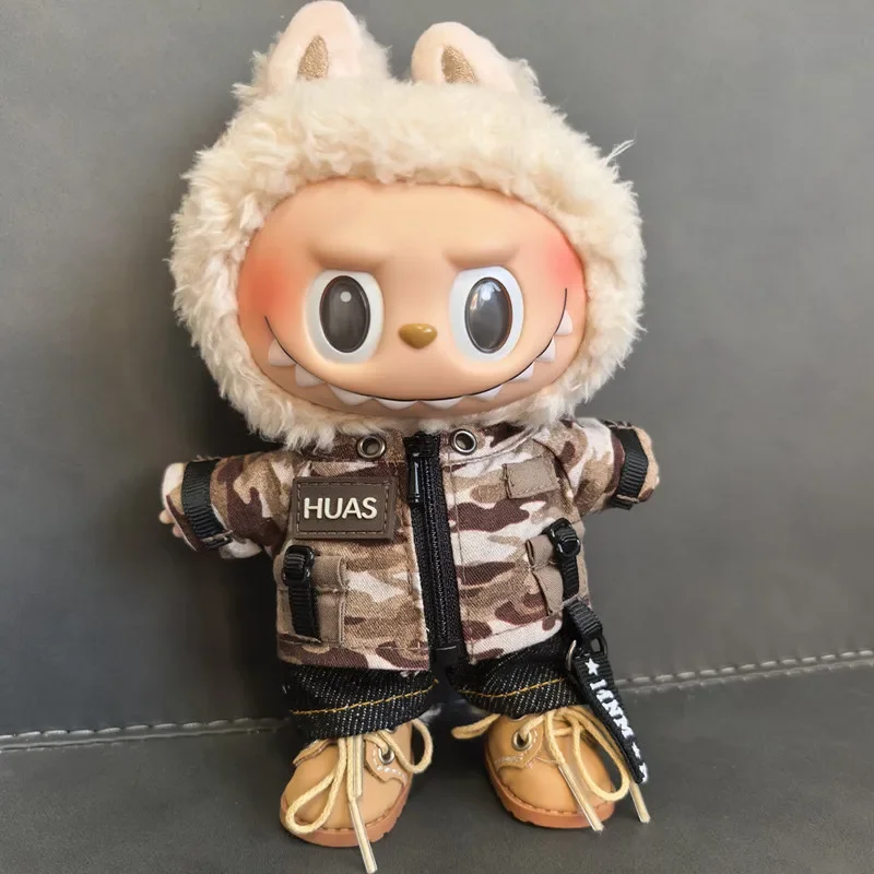 For Labubu Clothes Trendy Cool Camouflage Suit Kawaii Mini 15/17cm V1 V2 V3 Labubu Clothing Plush Doll Accessories Gift
