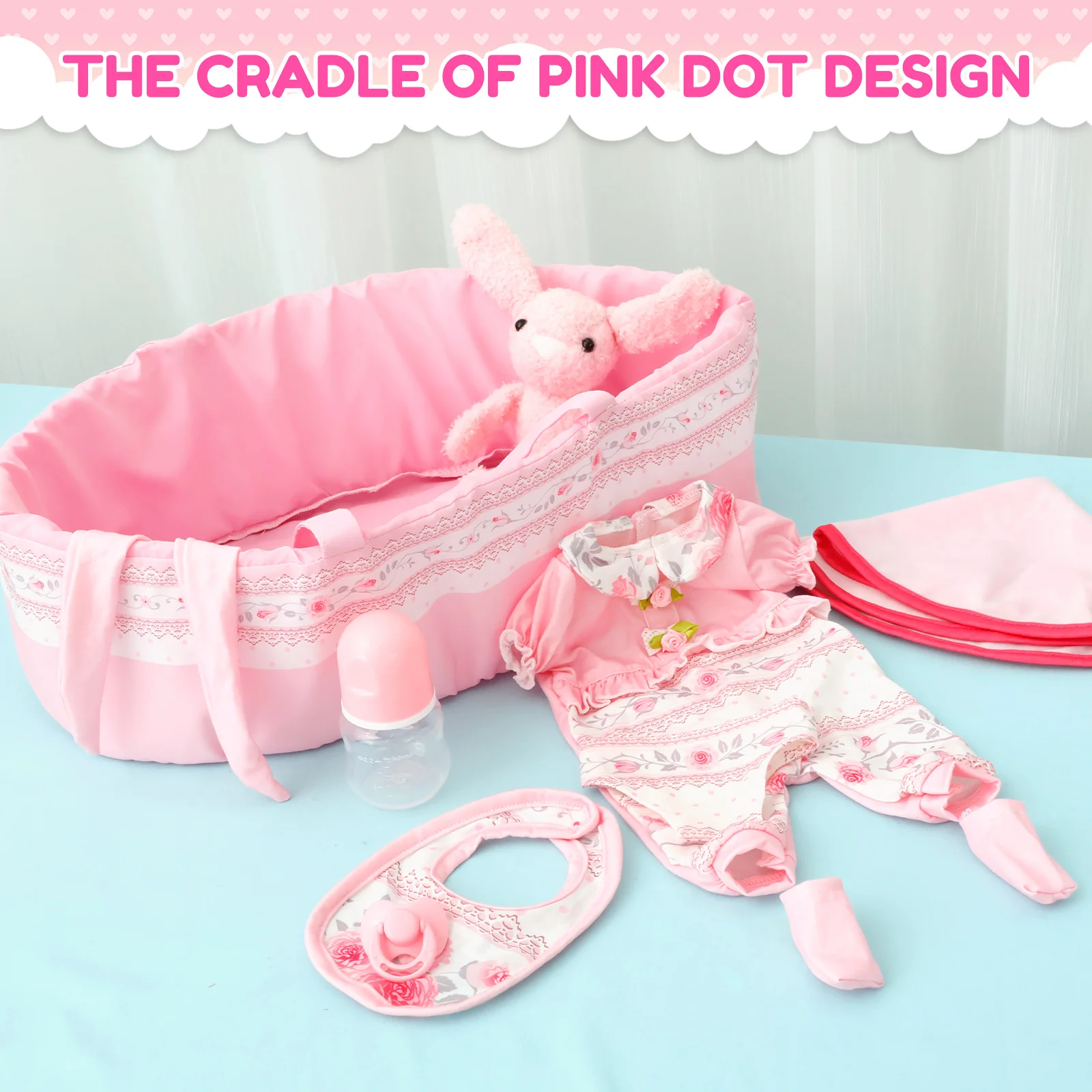 10 Pcs Doll Clothes Set Portable Baby Doll Accessories Set with Bassinet Diaper Pacifier Feeding Bottle for Children Toddler