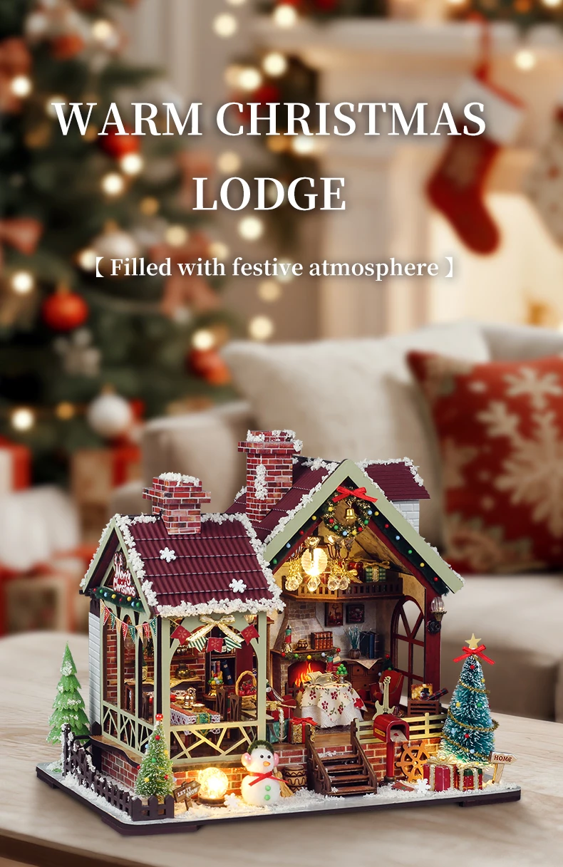 DIY Wooden Doll House Warm Christmas Lodge Casa Figurines Miniatures Assembled Dollhouse With Lights for Friends Christmas Gifts