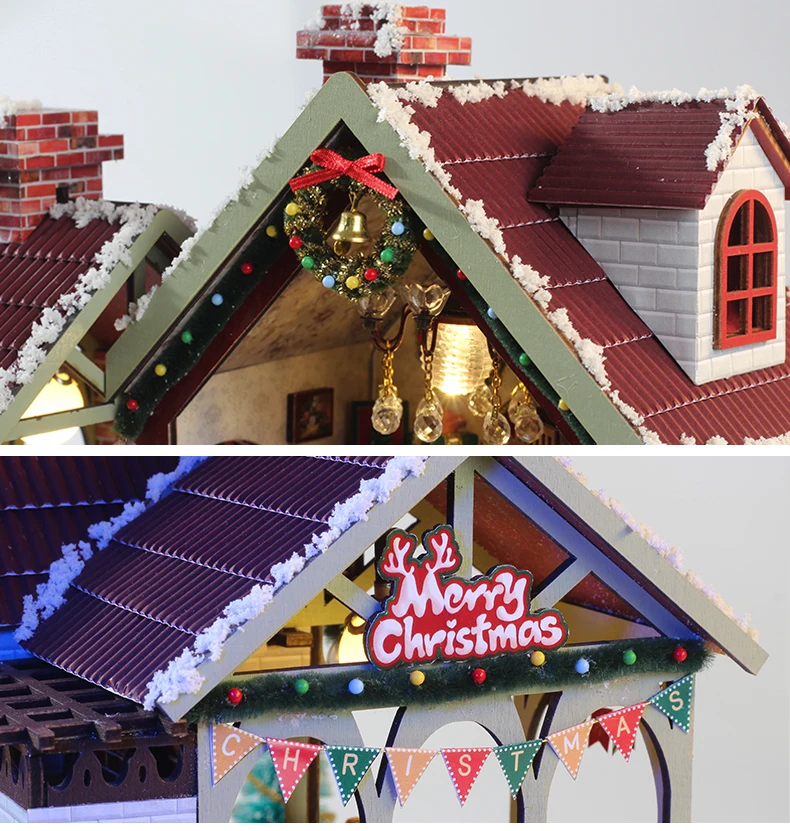 DIY Wooden Doll House Warm Christmas Lodge Casa Figurines Miniatures Assembled Dollhouse With Lights for Friends Christmas Gifts