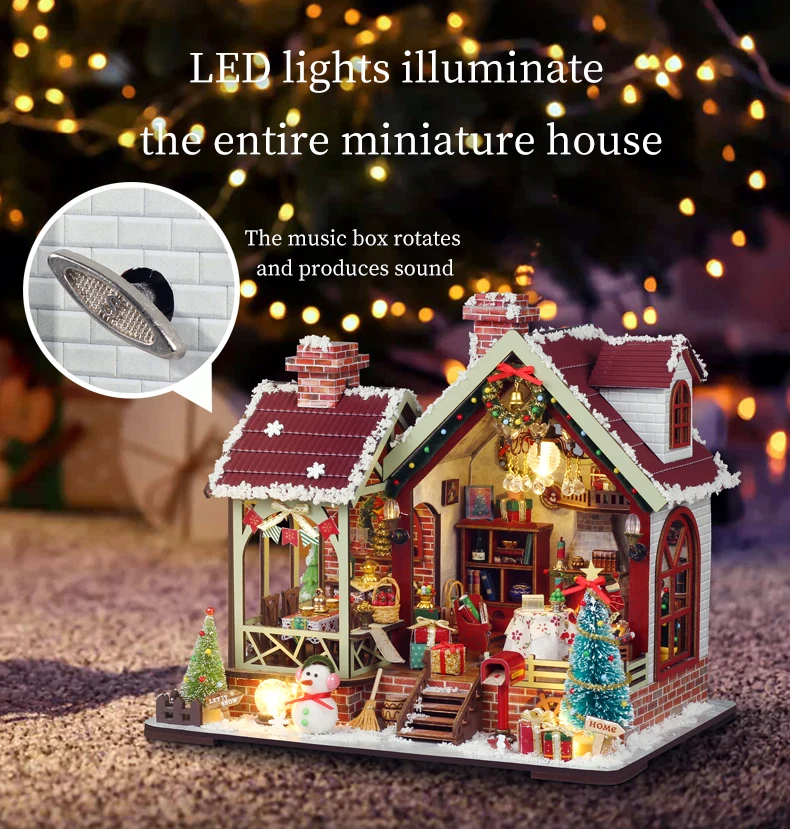 DIY Wooden Doll House Warm Christmas Lodge Casa Figurines Miniatures Assembled Dollhouse With Lights for Friends Christmas Gifts