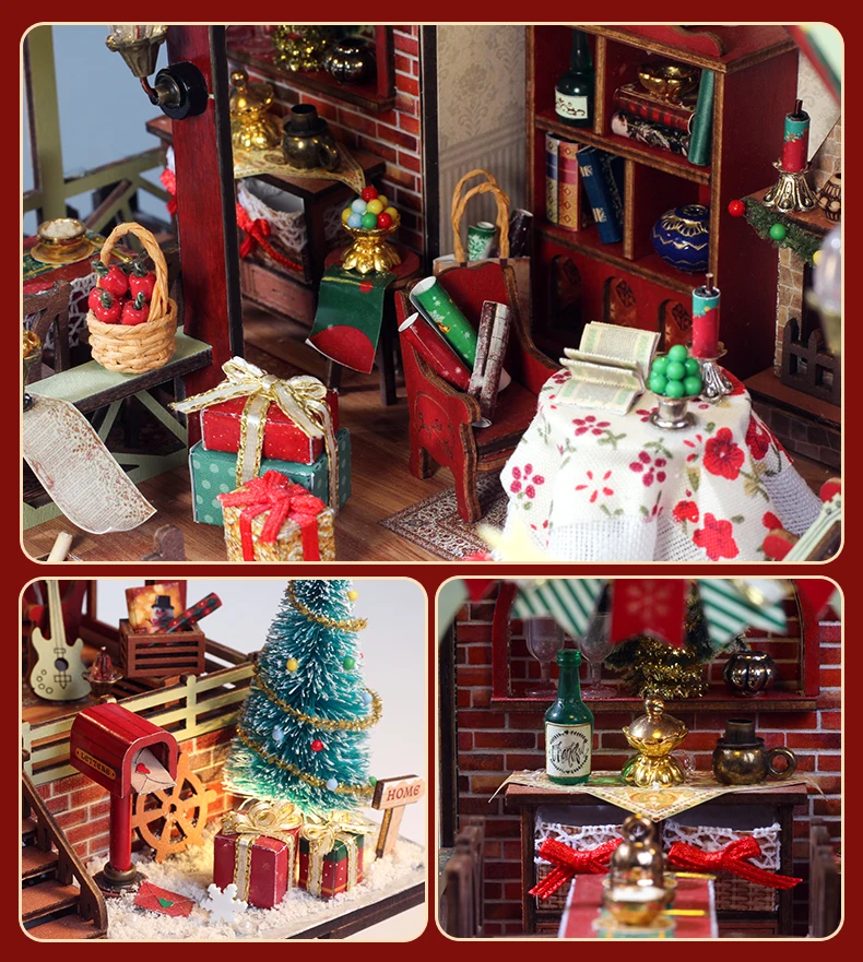 DIY Wooden Doll House Warm Christmas Lodge Casa Figurines Miniatures Assembled Dollhouse With Lights for Friends Christmas Gifts