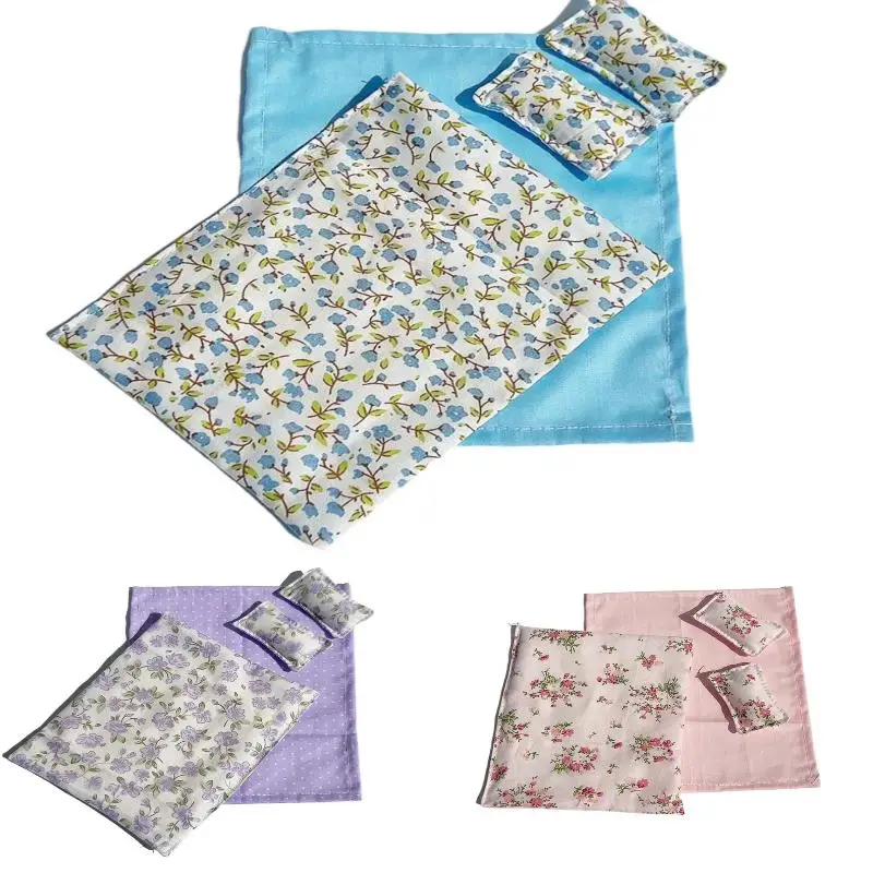 1/12 Dollhouse Miniature Bed Four Piece Bed Set Bed Sheet Quilt Pillow Quilt Cover Bedding Set Doll Bedroom Decoration Toy