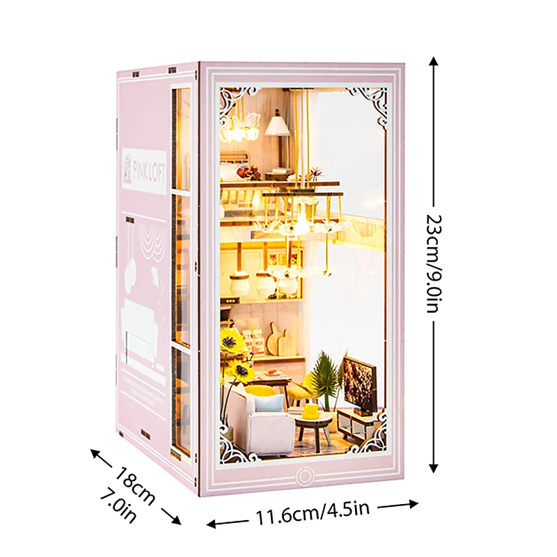 Wooden DIY Book Nook Kit Miniature Doll House 3D Puzzl Bookend Toy Assembly Model Building Bookshelf Insert Decor With LED Light