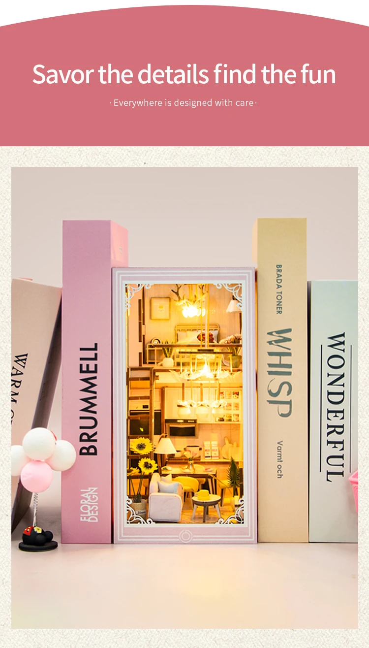 Wooden DIY Book Nook Kit Miniature Doll House 3D Puzzl Bookend Toy Assembly Model Building Bookshelf Insert Decor With LED Light