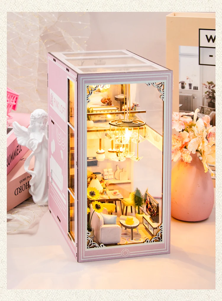 Wooden DIY Book Nook Kit Miniature Doll House 3D Puzzl Bookend Toy Assembly Model Building Bookshelf Insert Decor With LED Light