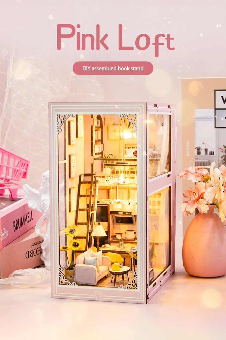 Wooden DIY Book Nook Kit Miniature Doll House 3D Puzzl Bookend Toy Assembly Model Building Bookshelf Insert Decor With LED Light