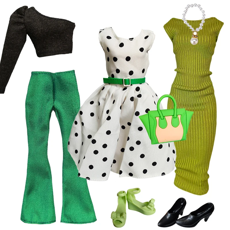 1/6 Doll Clothes Fashion Mix Green Dress Bag Shoes Suit for 12 inch Fashion Doll Outfits Handmade 30cm Doll Clothing Accessories