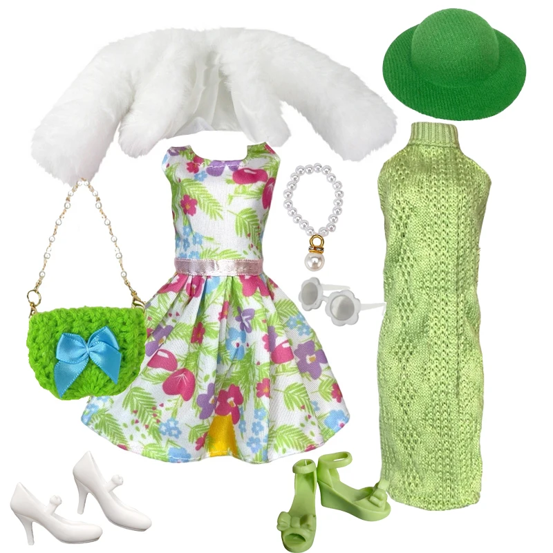 1/6 Doll Clothes Fashion Mix Green Dress Bag Shoes Suit for 12 inch Fashion Doll Outfits Handmade 30cm Doll Clothing Accessories
