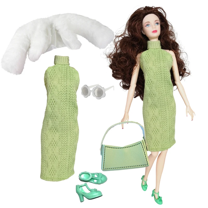 1/6 Doll Clothes Fashion Mix Green Dress Bag Shoes Suit for 12 inch Fashion Doll Outfits Handmade 30cm Doll Clothing Accessories