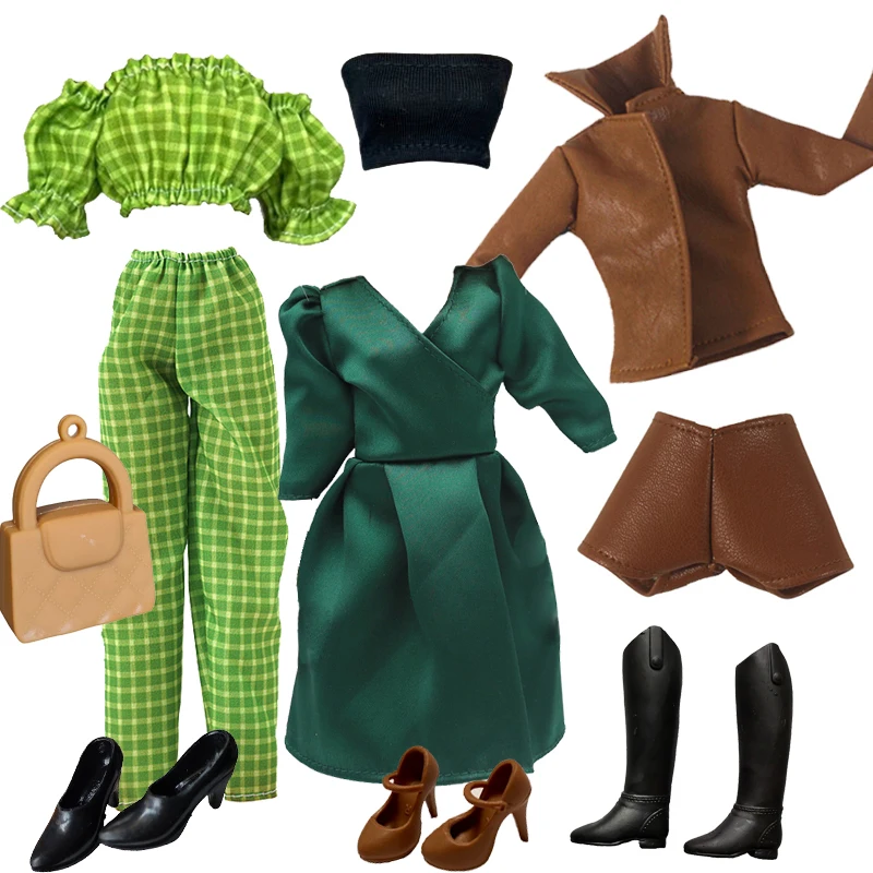 1/6 Doll Clothes Fashion Mix Green Dress Bag Shoes Suit for 12 inch Fashion Doll Outfits Handmade 30cm Doll Clothing Accessories