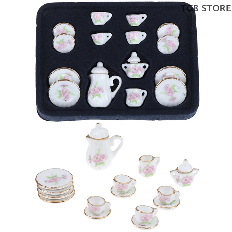 1Set 1:12 Miniature Porcelain Tea Cup Set Chintz Flower Tableware Kitchen