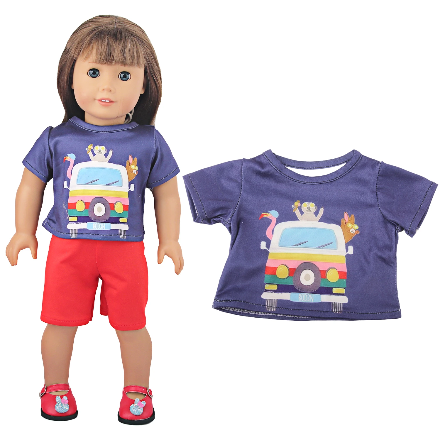 Cute Cartoon Doll T-shirt For 18-inch American Dolls Girl Car Rainbow Flower Basket Printing Clothing For 43cm Baby Newborn Doll