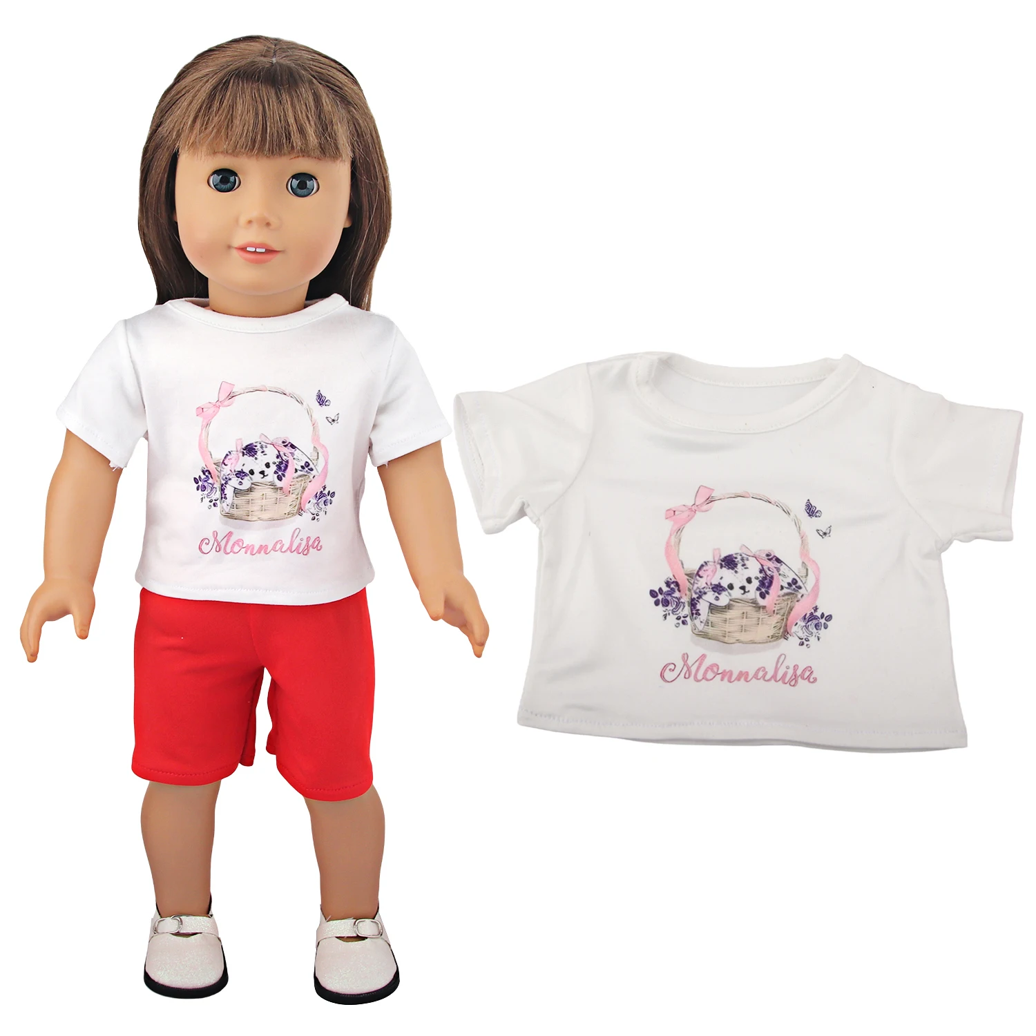Cute Cartoon Doll T-shirt For 18-inch American Dolls Girl Car Rainbow Flower Basket Printing Clothing For 43cm Baby Newborn Doll