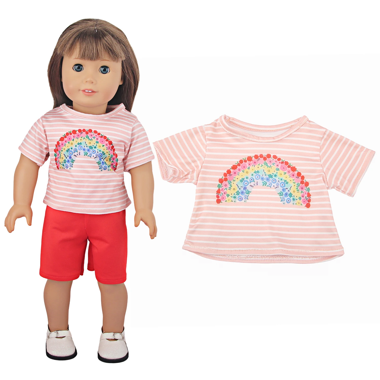 Cute Cartoon Doll T-shirt For 18-inch American Dolls Girl Car Rainbow Flower Basket Printing Clothing For 43cm Baby Newborn Doll