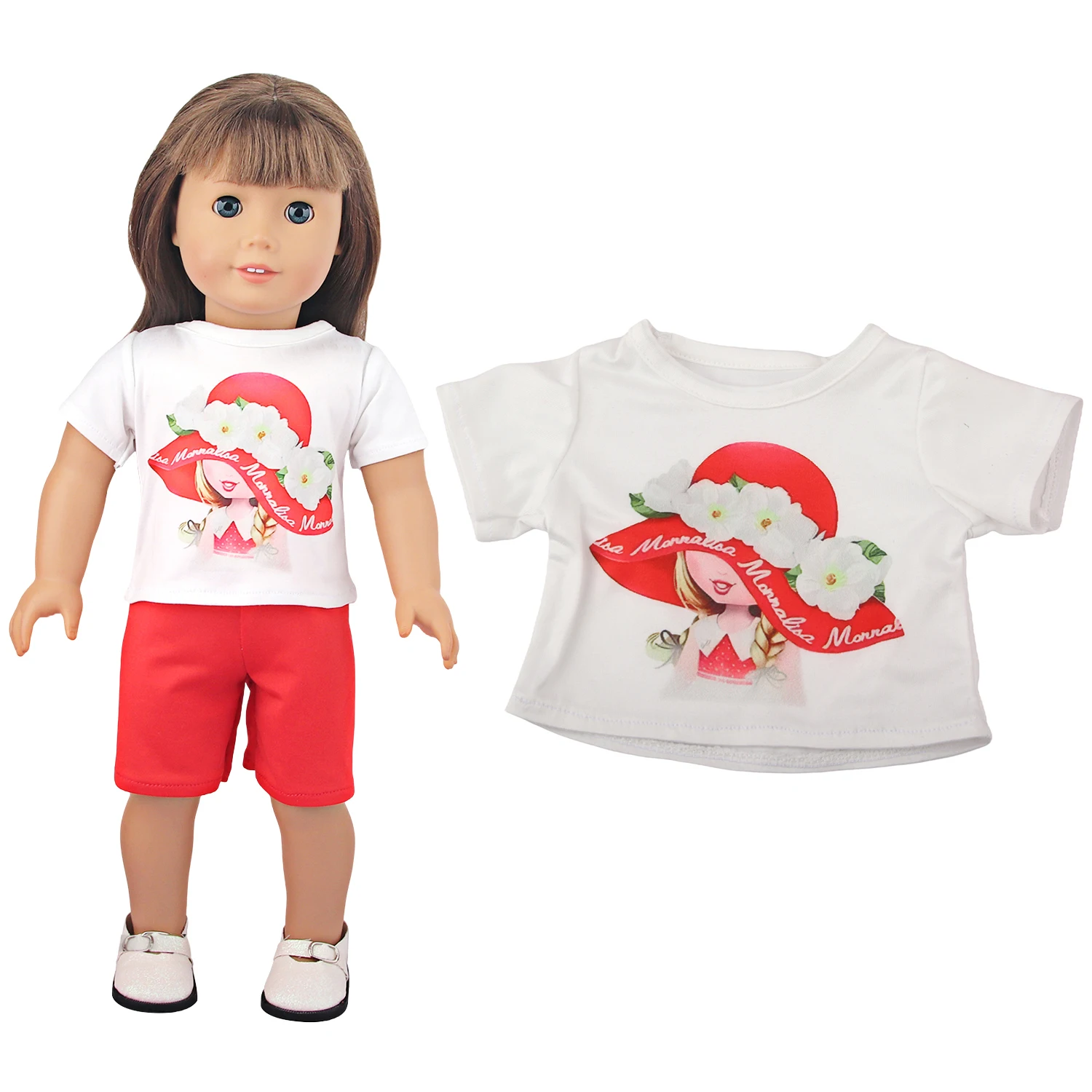 Cute Cartoon Doll T-shirt For 18-inch American Dolls Girl Car Rainbow Flower Basket Printing Clothing For 43cm Baby Newborn Doll